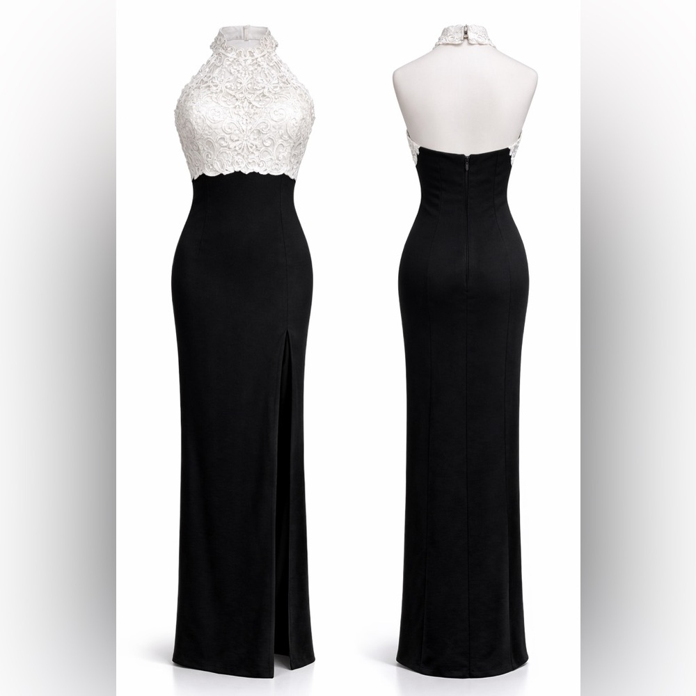 Vtg Zum Zum Open Back Halter Gown Black White Lace Column Formal Dress S M 90s